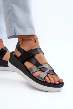 Zazoo 40397 Damskie Skórzane Sandały Na Platformie Czarne