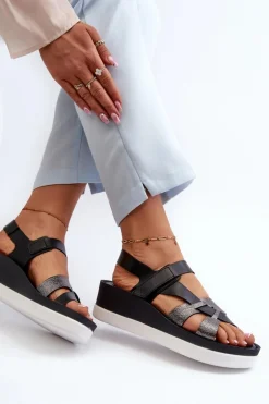 Zazoo 40397 Damskie Skórzane Sandały Na Platformie Czarne