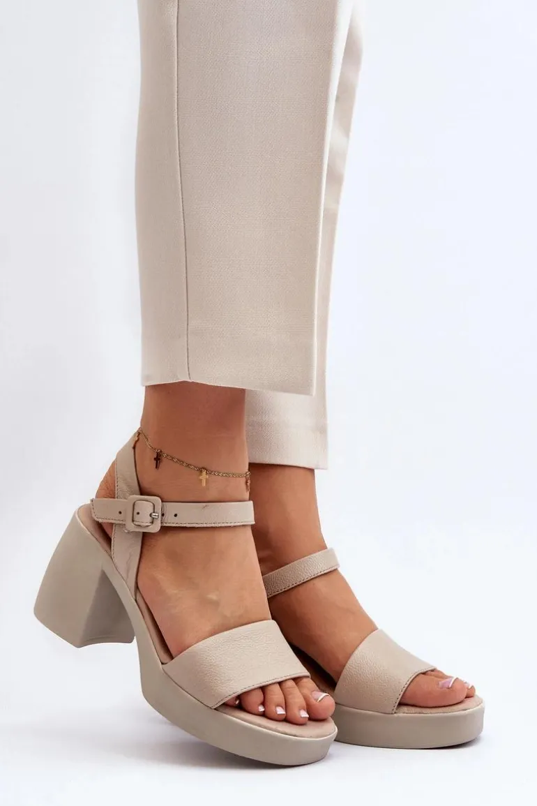 Zazoo 40386 Damskie Skórzane Sandały Na Klocku Beżowe