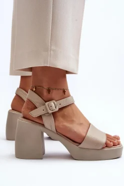 Zazoo 40386 Damskie Skórzane Sandały Na Klocku Beżowe