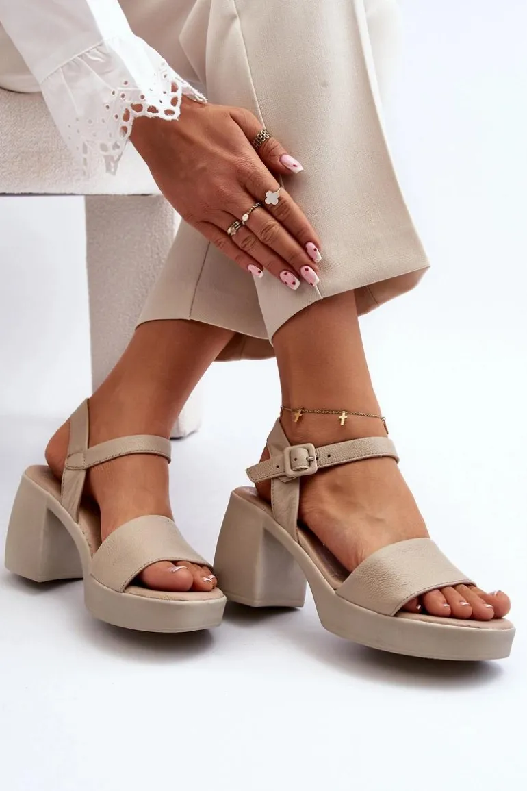 Zazoo 40386 Damskie Skórzane Sandały Na Klocku Beżowe