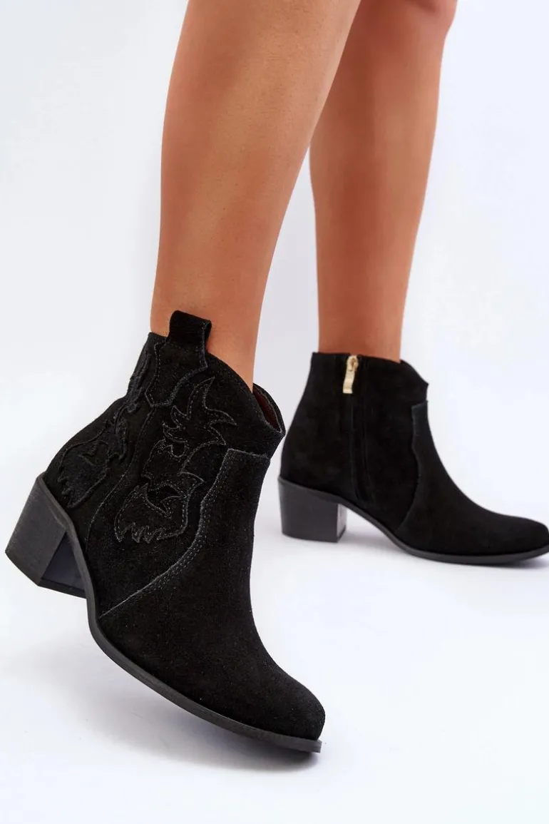 Zazoo 3426 Damskie Zamszowe Botki Kowbojki Czarne