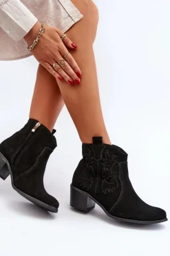 Zazoo 3426 Damskie Zamszowe Botki Kowbojki Czarne