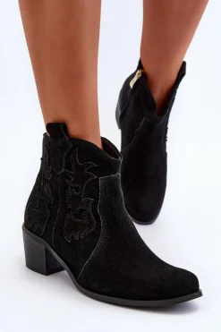 Zazoo 3426 Damskie Zamszowe Botki Kowbojki Czarne