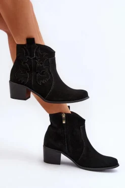 Zazoo 3426 Damskie Zamszowe Botki Kowbojki Czarne