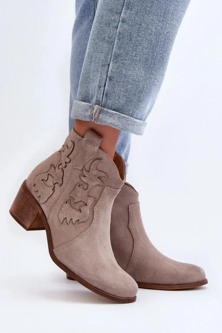 Zazoo 3426 Damskie Zamszowe Botki Kowbojki Cappucino