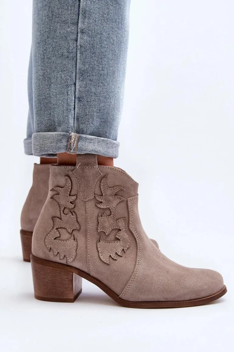 Zazoo 3426 Damskie Zamszowe Botki Kowbojki Cappucino