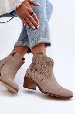 Zazoo 3426 Damskie Zamszowe Botki Kowbojki Cappucino