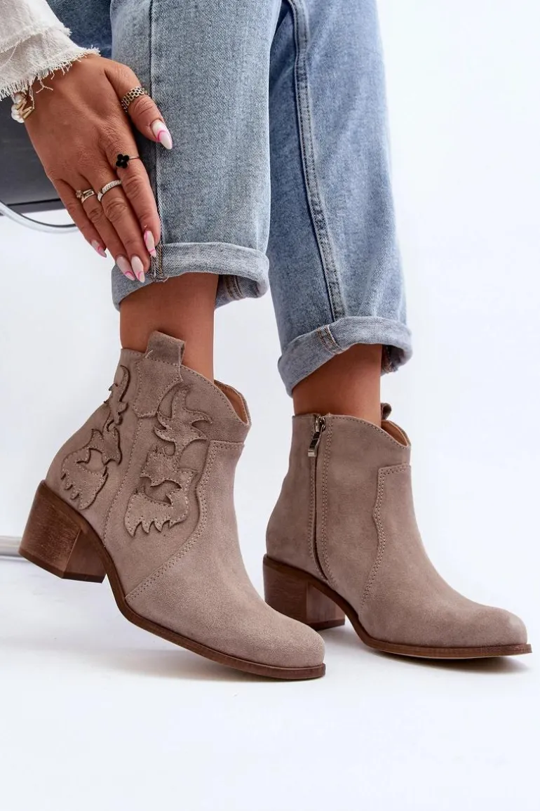 Zazoo 3426 Damskie Zamszowe Botki Kowbojki Cappucino