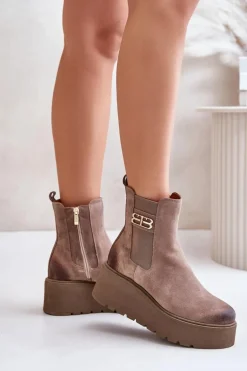 Zazoo 60498 Damskie Zamszowe Botki Sztyblety Na Platformie I Koturnie Beżowe