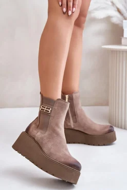 Zazoo 60498 Damskie Zamszowe Botki Sztyblety Na Platformie I Koturnie Beżowe