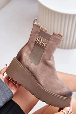 Zazoo 60498 Damskie Zamszowe Botki Sztyblety Na Platformie I Koturnie Beżowe