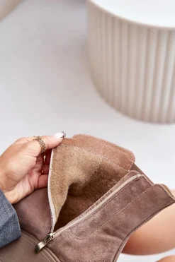 Zazoo 60498 Damskie Zamszowe Botki Sztyblety Na Platformie I Koturnie Beżowe