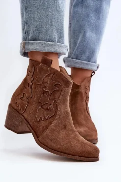 Zazoo 3426 Damskie Zamszowe Botki Kowbojki Brązowe