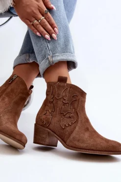 Zazoo 3426 Damskie Zamszowe Botki Kowbojki Brązowe