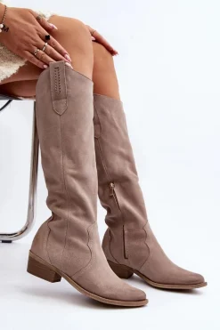 Zazoo 3427 Damskie Zamszowe Kozaki Kowbojki Cappuccino