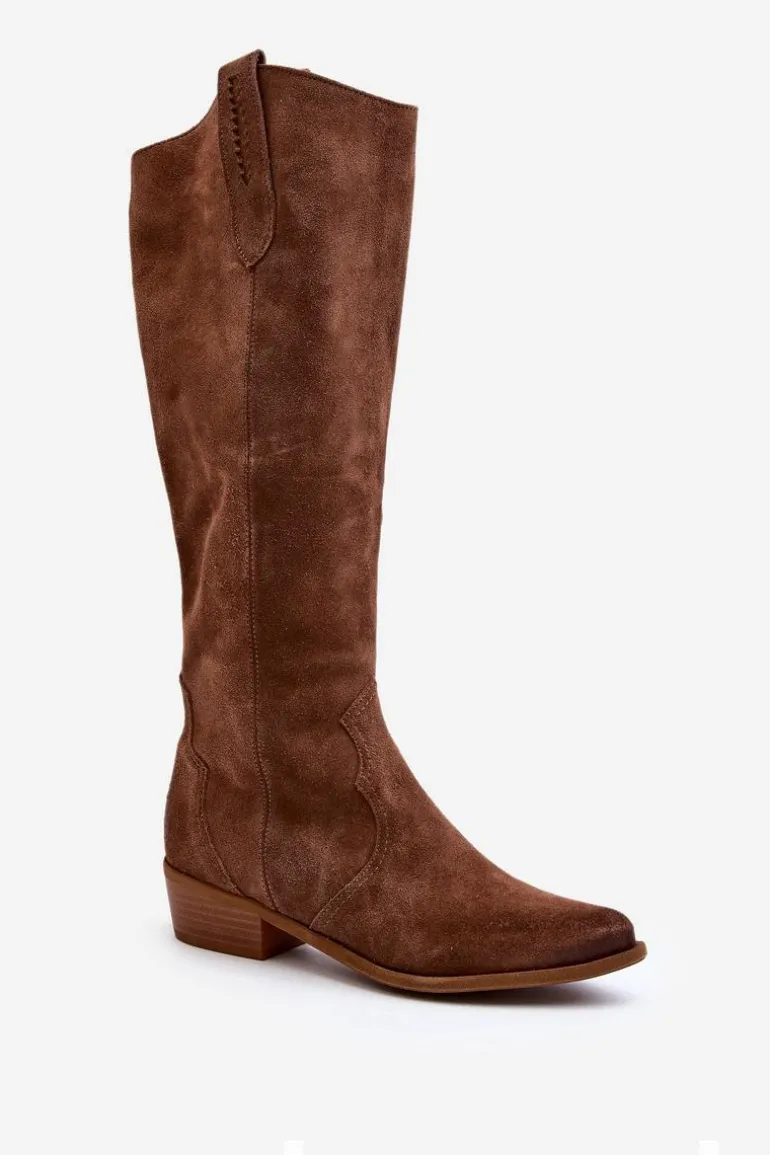 Zazoo 3427 Damskie Zamszowe Kozaki Kowbojki Brązowe
