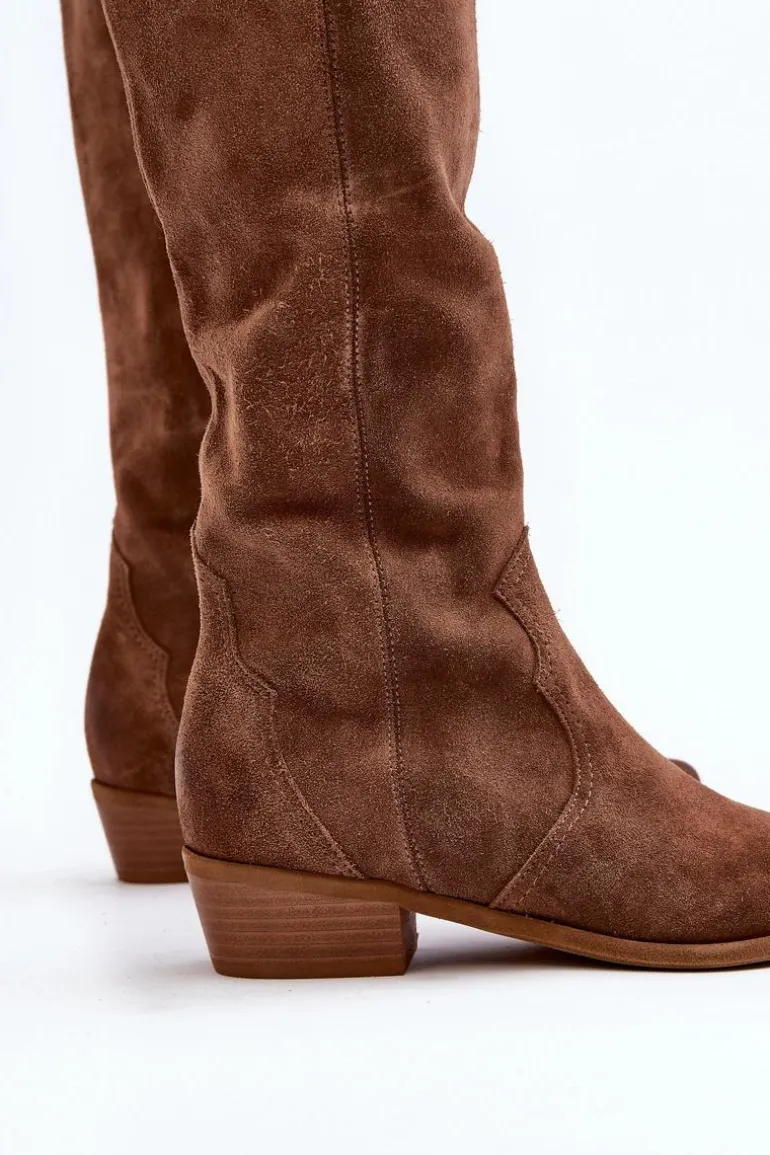 Zazoo 3427 Damskie Zamszowe Kozaki Kowbojki Brązowe