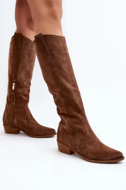 Zazoo 3427 Damskie Zamszowe Kozaki Kowbojki Brązowe