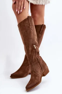 Zazoo 3427 Damskie Zamszowe Kozaki Kowbojki Brązowe