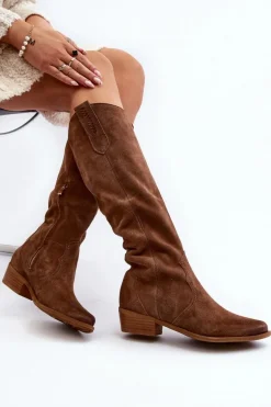 Zazoo 3427 Damskie Zamszowe Kozaki Kowbojki Brązowe