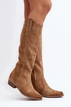 Zazoo 3427 Damskie Zamszowe Kozaki Kowbojki Beżowe