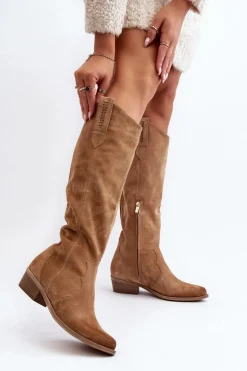 Zazoo 3427 Damskie Zamszowe Kozaki Kowbojki Beżowe