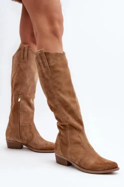 Zazoo 3427 Damskie Zamszowe Kozaki Kowbojki Beżowe