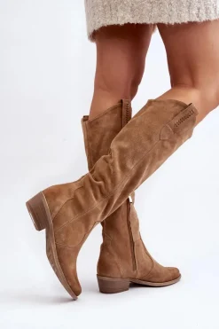 Zazoo 3427 Damskie Zamszowe Kozaki Kowbojki Beżowe