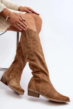 Zazoo 3427 Damskie Zamszowe Kozaki Kowbojki Beżowe