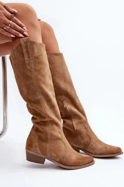 Zazoo 3427 Damskie Zamszowe Kozaki Kowbojki Beżowe