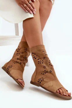 Zazoo 3437 Damskie Zamszowe Sandały Z Cholewką Na Zamek Camel