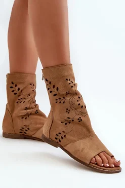 Zazoo 3437 Damskie Zamszowe Sandały Z Cholewką Na Zamek Camel