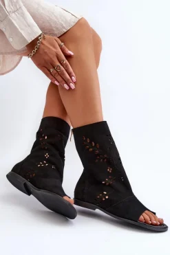 Zazoo 3437 Damskie Zamszowe Sandały Z Cholewką Na Zamek Czarne