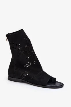 Zazoo 3437 Damskie Zamszowe Sandały Z Cholewką Na Zamek Czarne