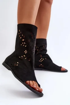 Zazoo 3437 Damskie Zamszowe Sandały Z Cholewką Na Zamek Czarne