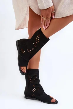 Zazoo 3437 Damskie Zamszowe Sandały Z Cholewką Na Zamek Czarne