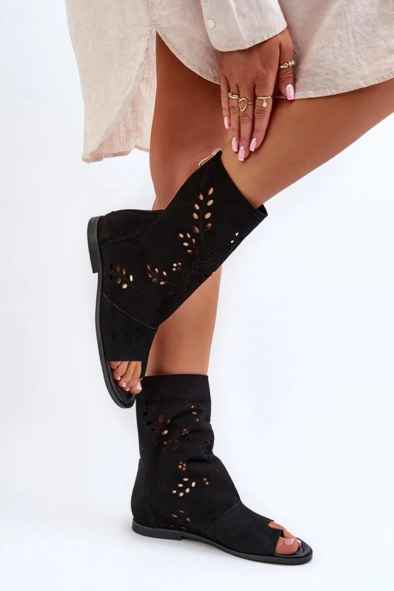 Zazoo 3437 Damskie Zamszowe Sandały Z Cholewką Na Zamek Czarne