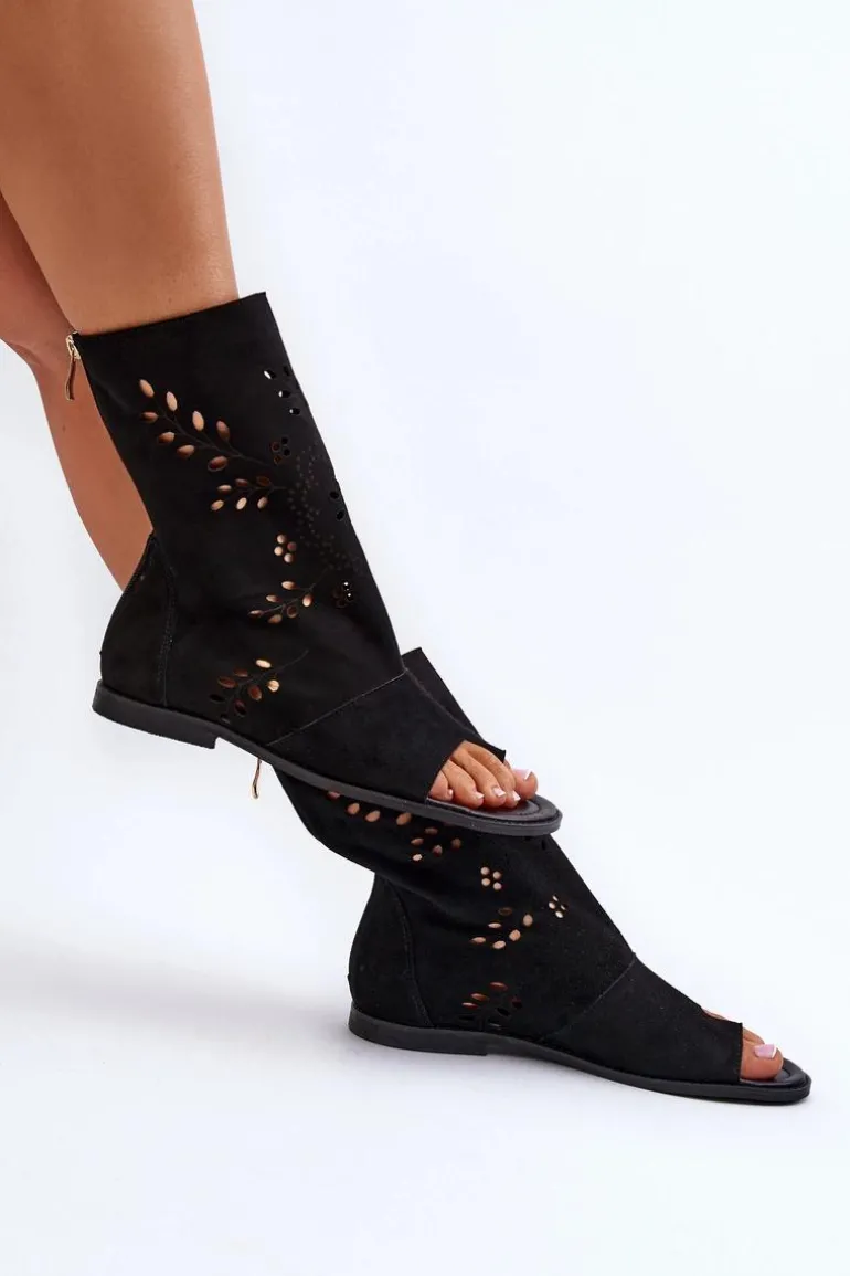 Zazoo 3437 Damskie Zamszowe Sandały Z Cholewką Na Zamek Czarne