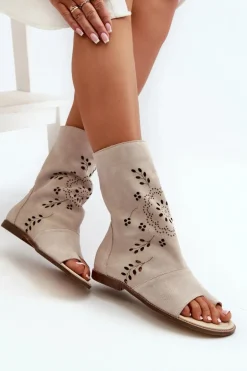 Zazoo 3437 Damskie Zamszowe Sandały Z Cholewką Na Zamek Jasnobeżowe