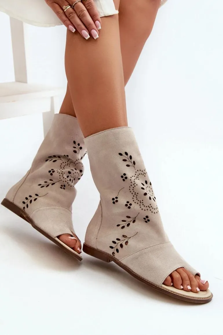 Zazoo 3437 Damskie Zamszowe Sandały Z Cholewką Na Zamek Jasnobeżowe