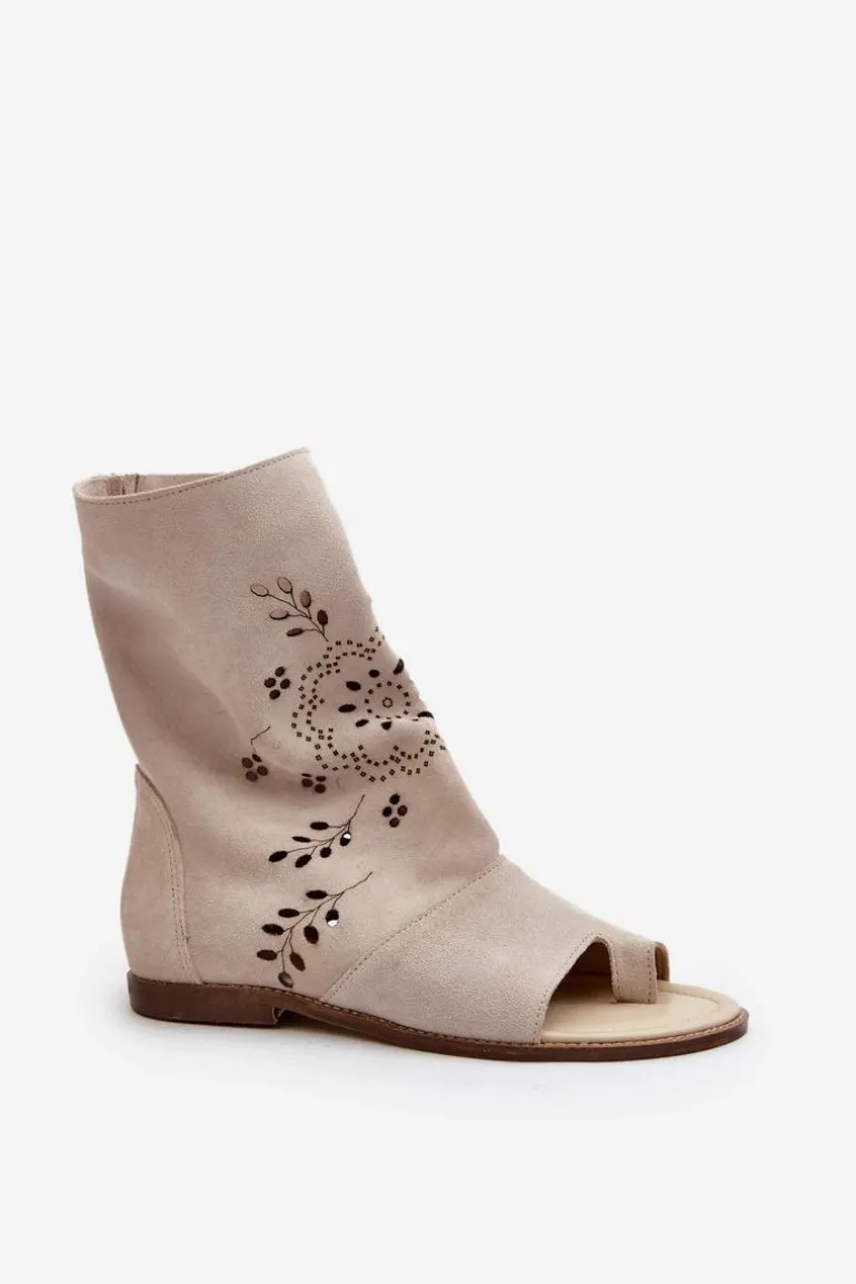 Zazoo 3437 Damskie Zamszowe Sandały Z Cholewką Na Zamek Jasnobeżowe