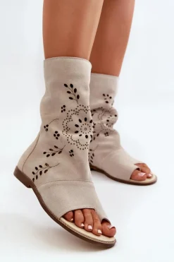 Zazoo 3437 Damskie Zamszowe Sandały Z Cholewką Na Zamek Jasnobeżowe