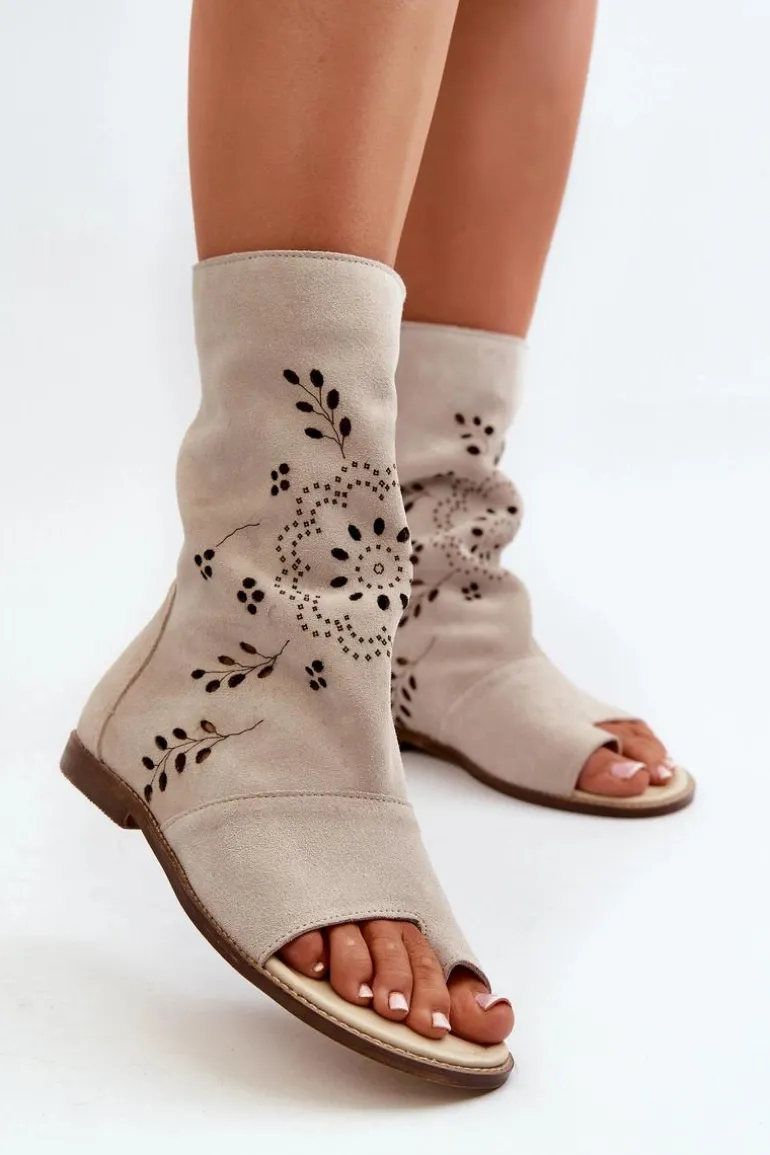 Zazoo 3437 Damskie Zamszowe Sandały Z Cholewką Na Zamek Jasnobeżowe