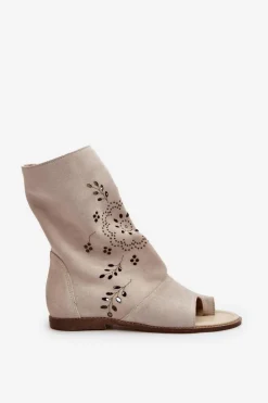 Zazoo 3437 Damskie Zamszowe Sandały Z Cholewką Na Zamek Jasnobeżowe