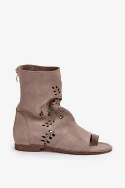 Zazoo 3437 Damskie Zamszowe Sandały Z Cholewką Na Zamek Beżowe