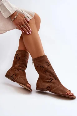 Zazoo 3437 Damskie Zamszowe Sandały Z Cholewką Na Zamek Brązowe