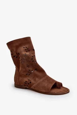 Zazoo 3437 Damskie Zamszowe Sandały Z Cholewką Na Zamek Brązowe