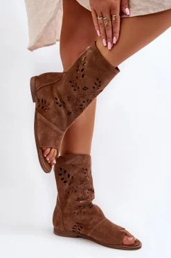 Zazoo 3437 Damskie Zamszowe Sandały Z Cholewką Na Zamek Brązowe