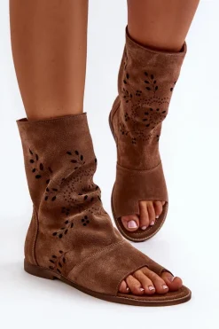 Zazoo 3437 Damskie Zamszowe Sandały Z Cholewką Na Zamek Brązowe